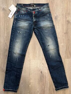NWT Kiton Napoli Distressed Embroidered Slim Leg Jeans Blue IT 50